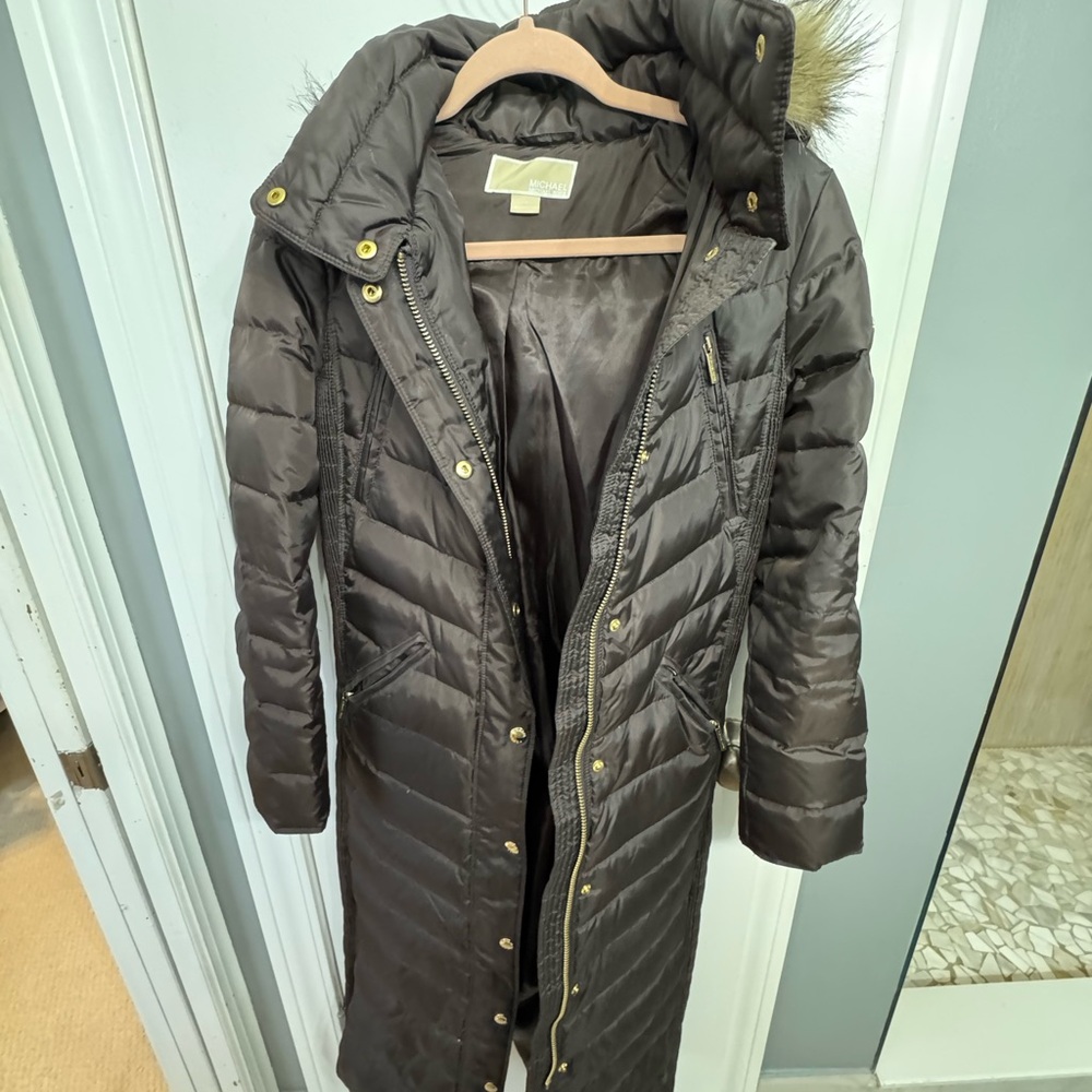 Michael Kors Dark Brown Puffer Coat with Fur Hood